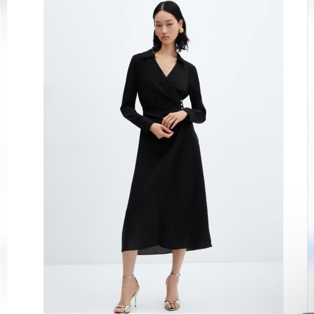 Mango Black Buttoned Wrap Long Sleeve Midi Dress New Size XS